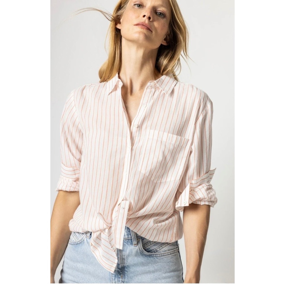LILLA P Boyfriend Button Down Shirt Top Women M Tangerine Stripe Cotton Minimal